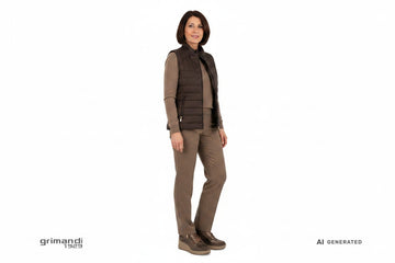 Melluso sneaker pelle laminata bronzo ramato camoscio tortora zeppa beige Outfit ufficio pantalone flanella tortora maglione lana girocollo gilet imbottito - AI-Generated Model
