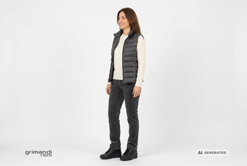 Stringate Melluso donna indossate con gilet trapuntato antracite, maglia lana cashmere panna e pantaloni velluto grafite. Outfit 1