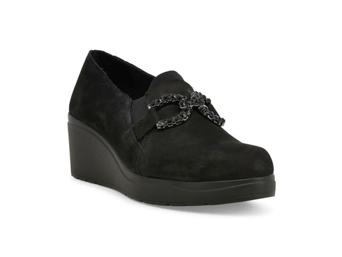 Melluso Black Suede Comfort Loafers with Wedge and Rhinestones