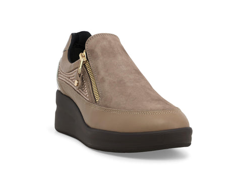 Melluso Women's Slip-on Beige Leather/Suede with Wedge, Zip and Rhinestones