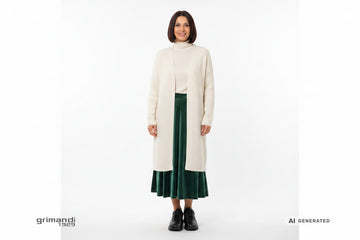 Outfit 1 – Cardigan costine panna con dolcevita merino e gonna velluto verde pino - AI-Generated Model
