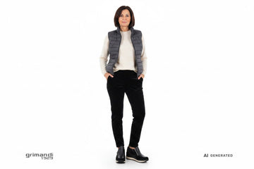Outfit 1 – Gilet trapuntato grafite con maglioncino cashmere panna e pantaloni velluto nero - AI-Generated Model