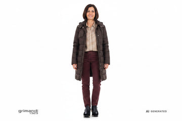 Outfit 2 – Trench imbottito cioccolato con camicia micro-quadretti sabbia e pantaloni chino bordeaux - AI-Generated Model