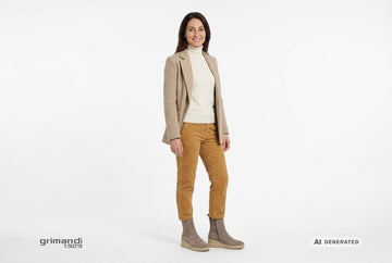 Stivaletti Melluso donna indossati con giaccone lana spigata sabbia, dolcevita avorio e pantaloni velluto miele. Outfit 1