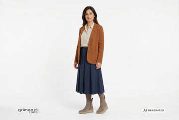 Stivaletti Melluso donna indossati con blazer lana cognac, camicia viscosa crema a microstampa e gonna midi indaco. Outfit 2