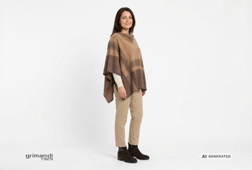 Stivaletti Melluso donna indossati con poncho in lana nocciola e moka, merinos crema e pantaloni sigaretta sabbia. Outfit 1