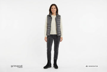 Stivaletti Melluso donna indossati con gilet grafite, maglia lana e cashmere panna e pantaloni velluto antracite. Outfit 1