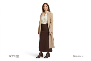 Stivaletti Melluso donna indossati con cappotto lana sabbia, sottogiacca panna e gonna lunga fluida in cady cioccolato. Outfit 1