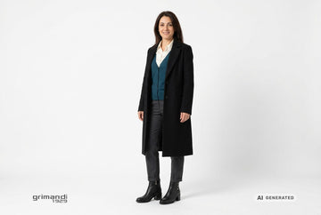Stivaletti Melluso donna indossati con cappotto nero, cardigan ottanio, camicia seta avorio e pantaloni antracite. Outfit 1