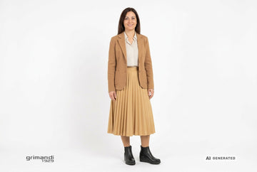 Stivaletti Melluso donna indossati con blazer lana cammello, camicia avorio microstampata e gonna plissé sabbia dorata. Outfit 2