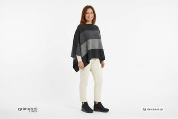 Stivaletti Melluso donna indossati con poncho lana antracite e grafite, maglia merino avorio e pantaloni panna. Outfit 1