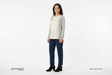 Stivaletti Melluso donna indossati con tunica seta panna, cardigan grigio perla e pantaloni fluidi blu notte. Outfit 1