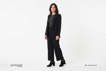 Stivaletti Melluso donna indossati con blazer tuxedo nero, maglia viscosa antracite e pantaloni palazzo neri a vita alta. Outfit 2