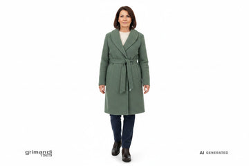 Outfit 2 – Cappotto vestaglia bouclé verde salvia con merinos panna e pantaloni flanella denim scuro