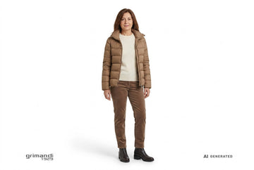 Stivaletti Melluso donna indossati con piumino nocciola, maglia lana e cashmere panna e pantaloni velluto moka. Outfit 1