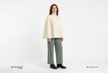 Stivaletti Melluso donna indossati con cappa in lana cotta panna a collo alto e pantaloni palazzo jersey salvia. Outfit 1