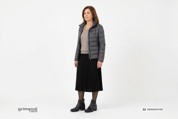 Stivaletti Melluso donna indossati con piumino sciancrato grafite, pullover cashmere greige e gonna midi plissettata nera. Outfit 2
