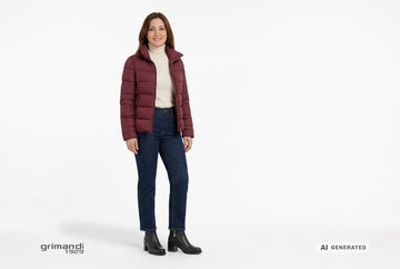 Stivaletti Melluso donna indossati con giacca imbottita merlot, dolcevita merino panna e jeans dritti indaco scuro. Outfit 1