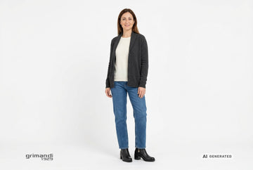 Stivaletti Melluso donna indossati con cardigan antracite a collo scialle, maglia avorio e jeans dritti blu medio uniforme. Outfit 2