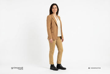 Stivaletti Melluso donna indossati con blazer lana cammello, blusa crema e jeans sartoriali sabbia dorata. Outfit 1