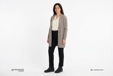 Stivaletti Melluso donna indossati con cardigan lana e cashmere greige, sottogiacca panna e pantaloni stretch neri. Outfit 2