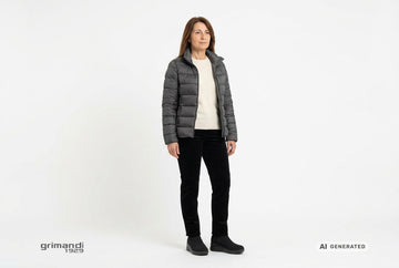Stivaletti Melluso donna indossati con piumino grafite, maglia lana e cashmere panna e pantaloni velluto nero. Outfit 1