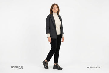 Stringate Melluso donna indossate con giaccone lana antracite, dolcevita panna e pantaloni velluto nero. Outfit 1