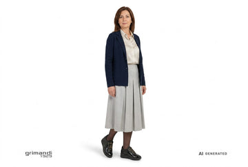 Stringate Melluso donna indossate con blazer lana blu notte, camicia viscosa panna a microstampa e gonna midi grigio perla. Outfit 2