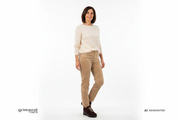 Melluso sneaker camoscio bordeaux logo M lacci animalier leopard zeppa total black Outfit weekend pantalone velluto coste sabbia pullover cashmere crema - AI-Generated Model