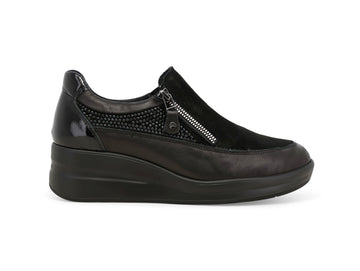 Melluso Slip-on Donna Nera in Pelle e Camoscio con Zeppa, Zip e Strass R25657Z-254550