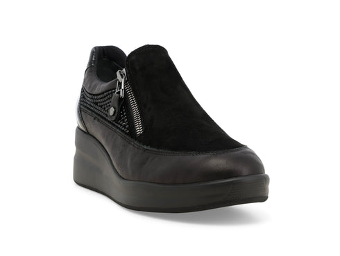 Melluso Black Women's Slip-on in Leather and Suede with Wedge, Zip and Rhinestones