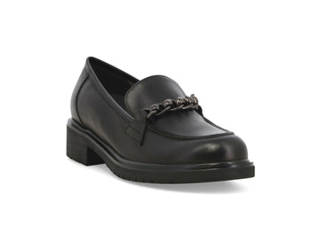 Melluso Women's Black Leather Loafers with Chain and Wide Heel