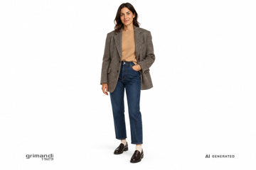 Mocassini NeroGiardini donna indossati con jeans blu scuro, calzini panna, maglia cammello e blazer in lana spigata. Outfit 2