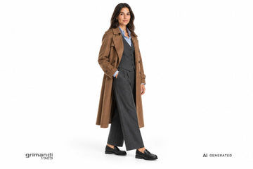 Mocassini NeroGiardini donna indossati con pantaloni gessati antracite, camicia azzurra, gilet coordinato e trench cammello. Outfit 1