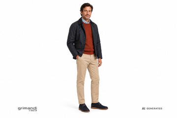 Polacchini FRAU uomo indossati con chino sabbia, camicia azzurra, maglia Shetland ruggine e giacca cerata navy. Outfit 1