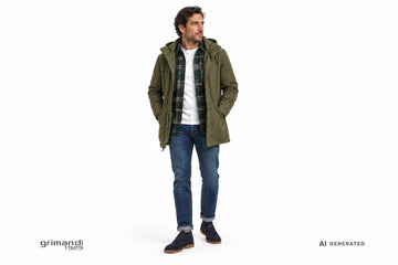 Polacchini FRAU uomo indossati con jeans risvoltati, t-shirt bianca, overshirt in lana a quadri bosco e parka oliva. Outfit 2