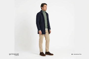 Polacchini FRAU uomo indossati con chino sabbia, camicia a microquadri, dolcevita merino salvia e giacca in panno navy. Outfit 1