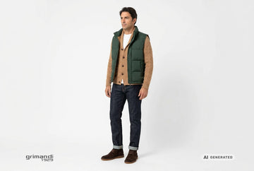Polacchini FRAU uomo indossati con jeans scuri risvoltati, t-shirt bianca, cardigan a trecce cammello e gilet verde bosco. Outfit 2