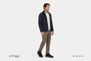 Polacchini FRAU uomo indossati con chino in fustagno tortora, maglia lambswool panna e giaccone impermeabile navy. Outfit 1