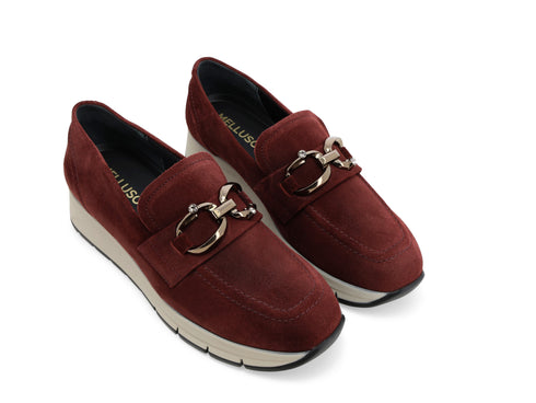 Melluso Women's Suede Loafer with Wedge Heel and Gold Clamp
