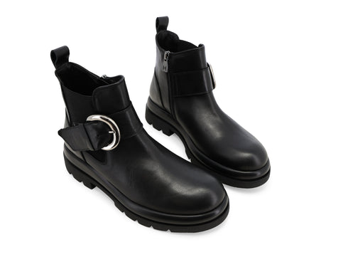 Melluso Women's Black Leather Ankle Boot with Maxi Buckle and Tread