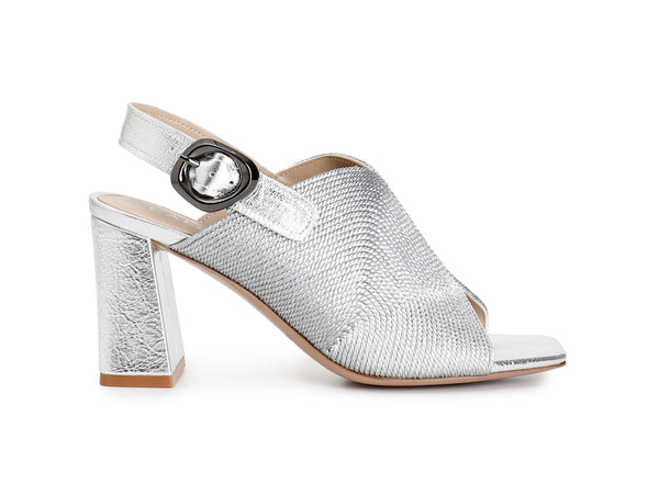 CafèNoir Sandalo Donna Slingback con Tacco Largo e Texture Rete Argento C1LF9011-L001