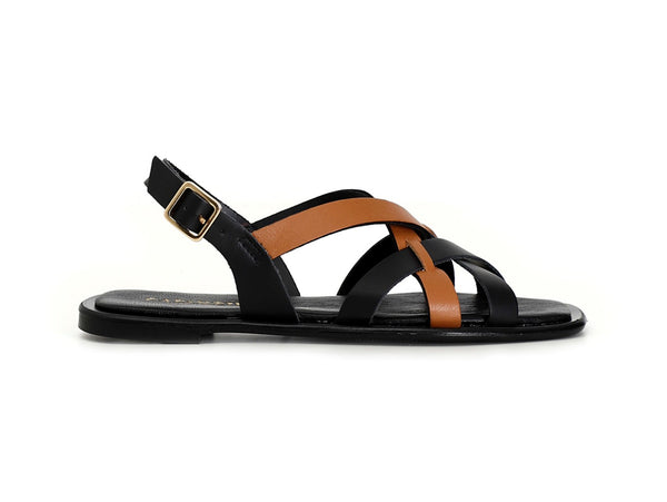 CafèNoir Sandali Made in Italy Tomaia Bicolore Listelli Pelle Nera Marrone C1GF1004-N007