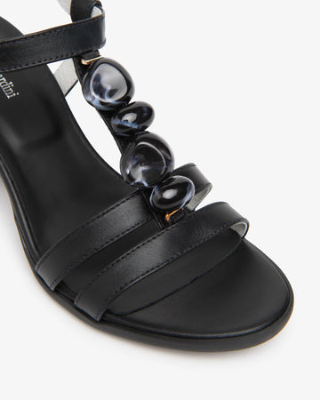 NeroGiardini Women's Black Leather Sandals with Decorative Stones