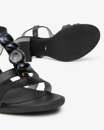 NeroGiardini Women's Black Leather Sandals with Decorative Stones