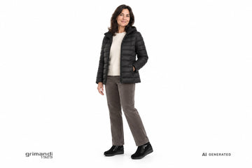 Scarpe accollate Valleverde donna indossate con pantaloni in velluto tortora, maglia merino panna e piumino nero trapuntato. Outfit 1