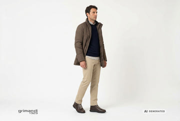 Scarpe alte FRAU uomo indossate con chino sabbia, camicia a microquadri, pullover merino navy e giaccone fango. Outfit 1