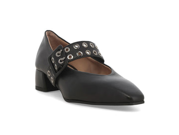 Melluso Mary Jane Nera in Pelle con Fibbia e Maxi Occhielli