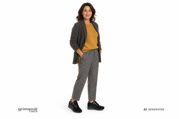 Stringate Valleverde donna indossate con pantaloni sale e pepe, tunica in maglia senape e cardigan bouclé grigio piombo. Outfit 2