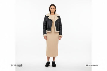 Sneaker SUN68 indossate con abito midi maglia a costine burro e giubbotto corto shearling nero. Outfit 2